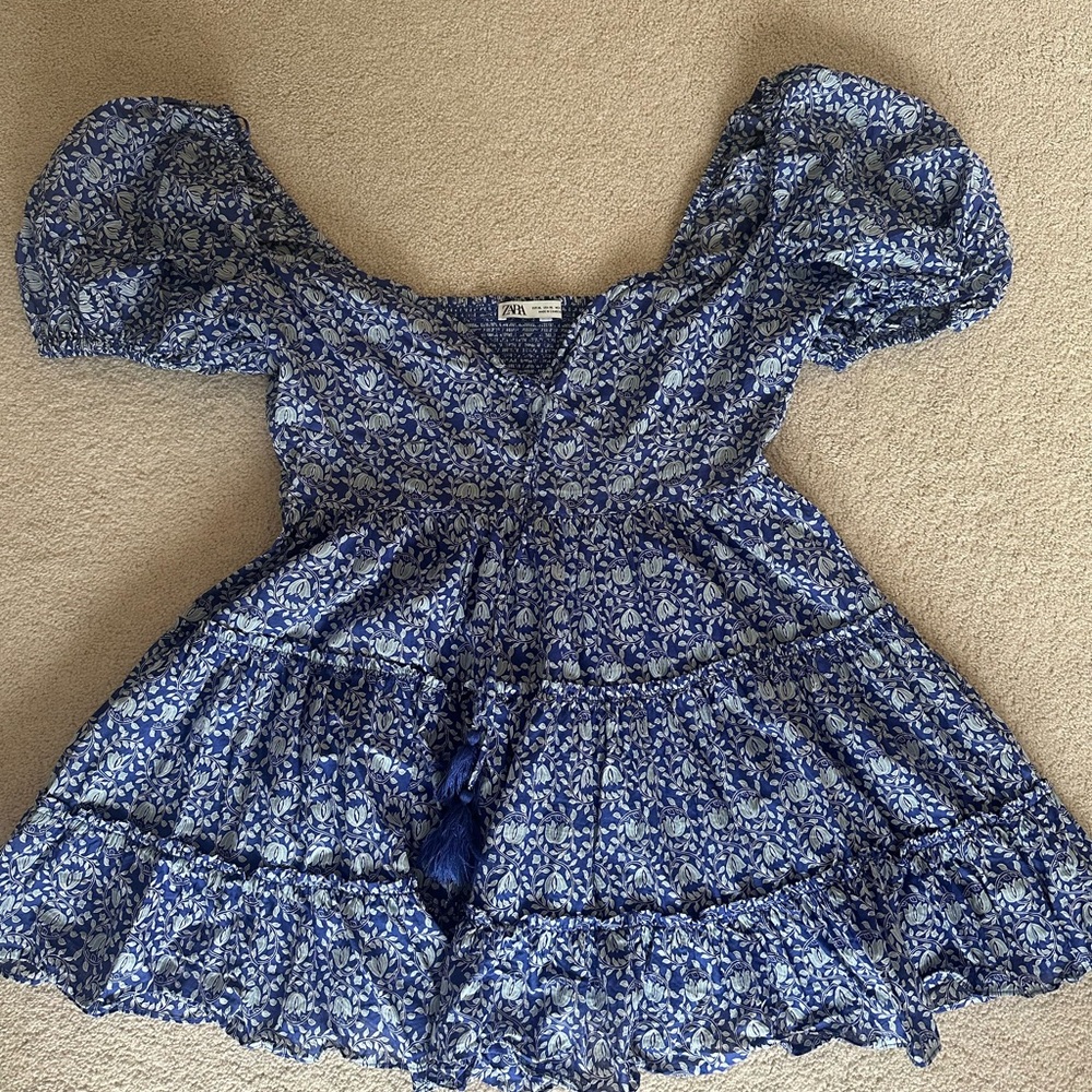 Zara Navy Floral Dress with Puff Sleeves